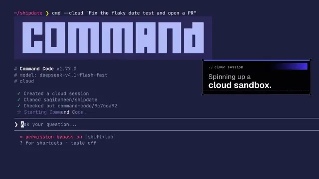 Command Code 官方截图：云端会话模式，模型选的是 deepseek-v4.1-flash-fast
