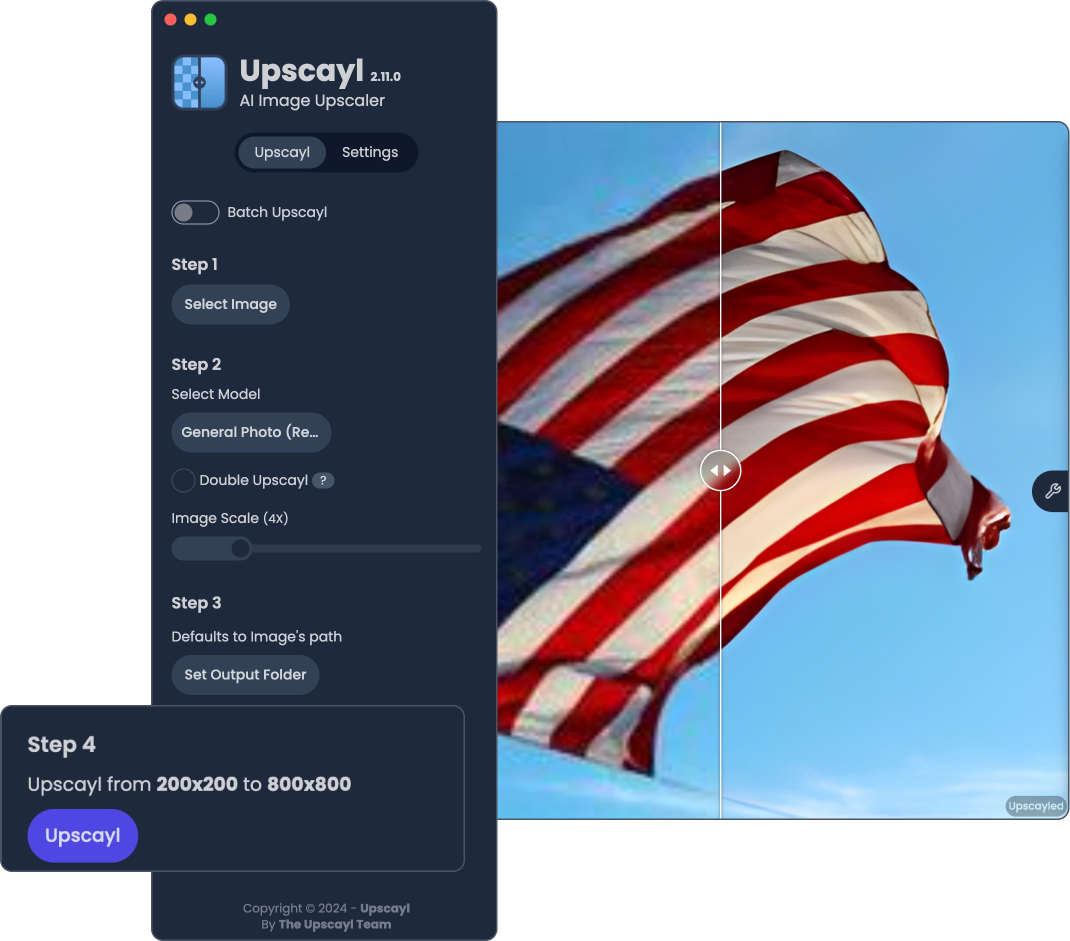 Upscayl 桌面端：左边四步操作，右边拖动分割线看前后对比